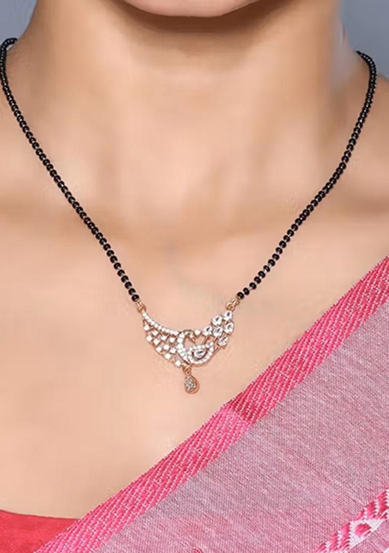Golden White American Diamond And Beads Mangalsutra With Chain - Indya