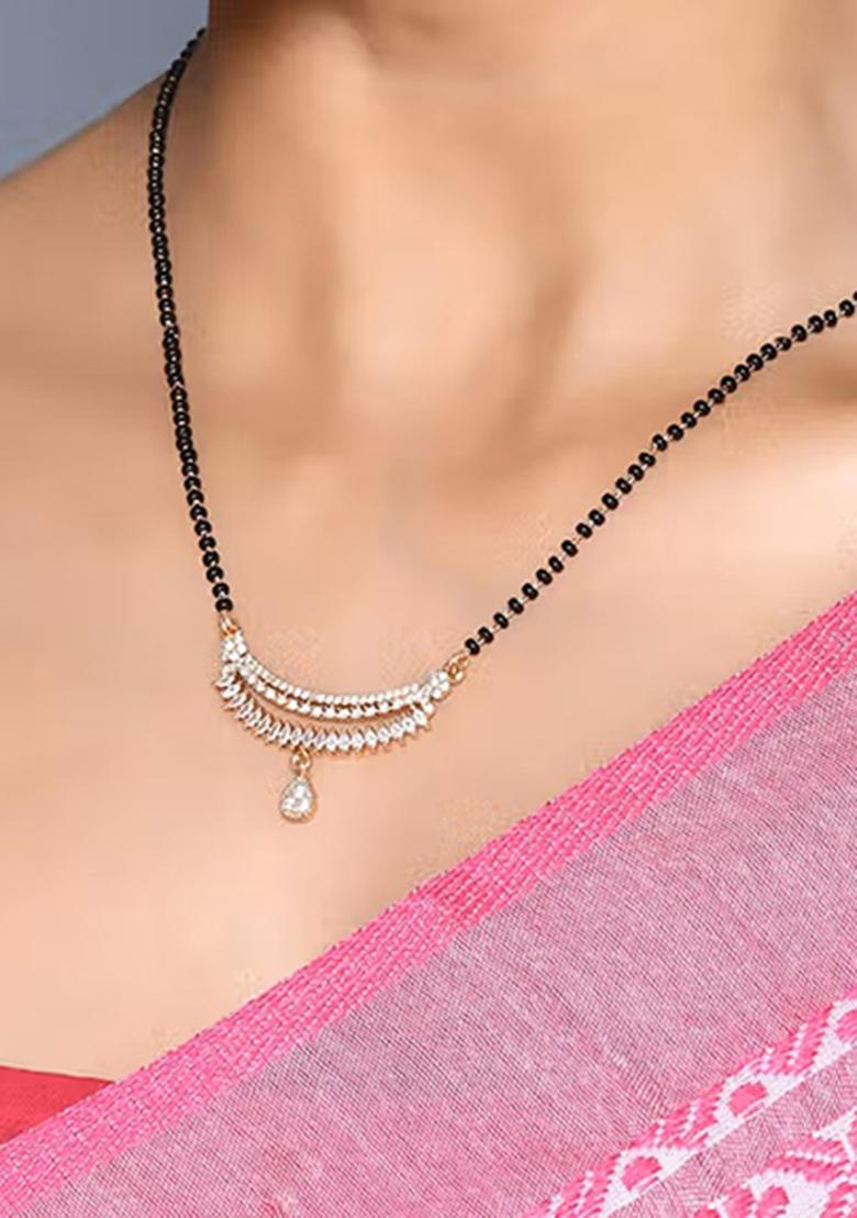 Golden White American Diamond And Beads Mangalsutra With Chain - Indya