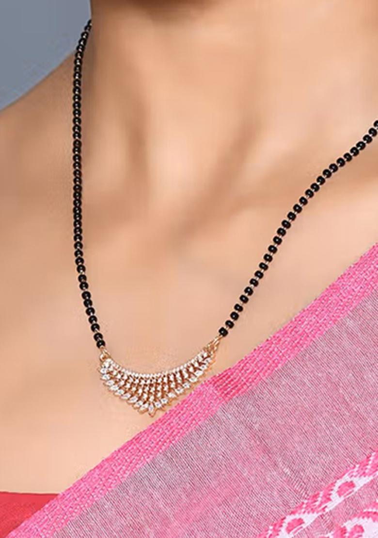 Golden White American Diamond And Beads Mangalsutra With Chain - Indya