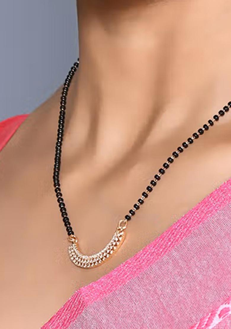 Golden White American Diamond And Beads Mangalsutra With Chain - Indya