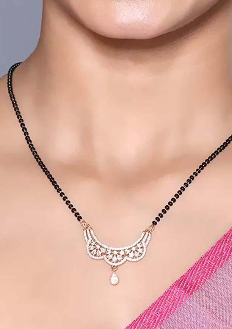 Golden White American Diamond And Beads Mangalsutra With Chain - Indya