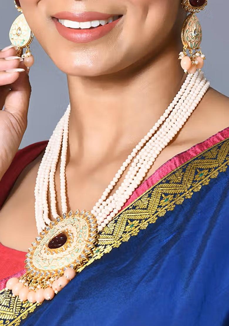 Multicolor Gold Tone Kundan Mina Pendal With Chain And Earring Set Pendant Set With Earrings - Indya