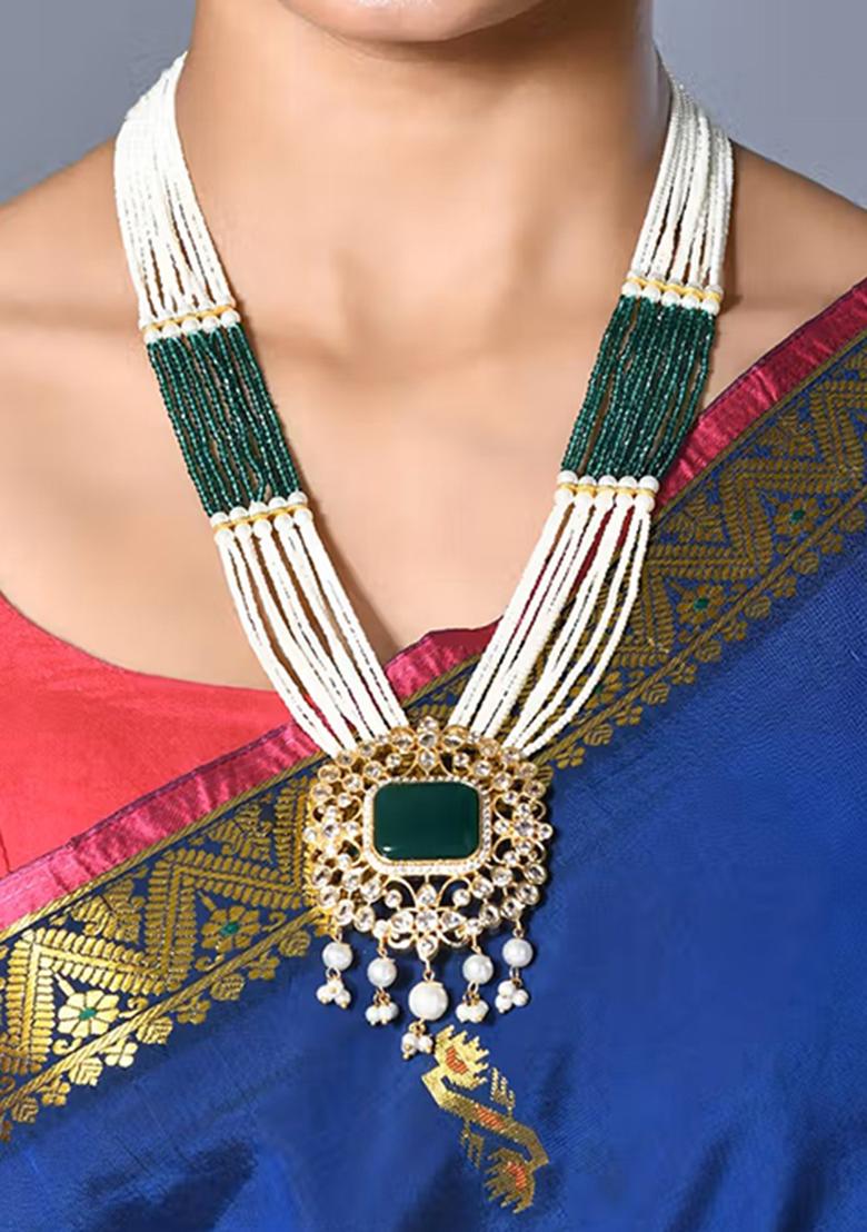 Multicolor Gold Tone Kundan Mina Pendal With Chain And Earring Set Pendant Set With Earrings - Indya