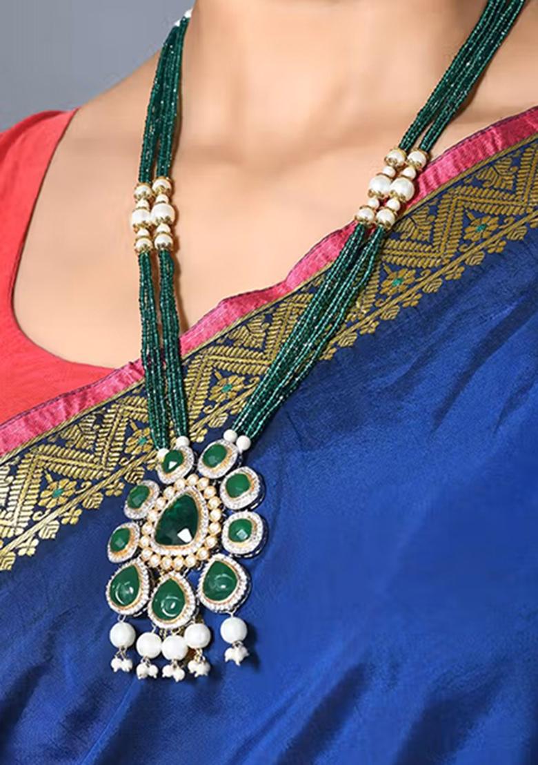 Multicolor Gold Tone Kundan Mina Pendal With Chain And Earring Set Pendant Set With Earrings - Indya