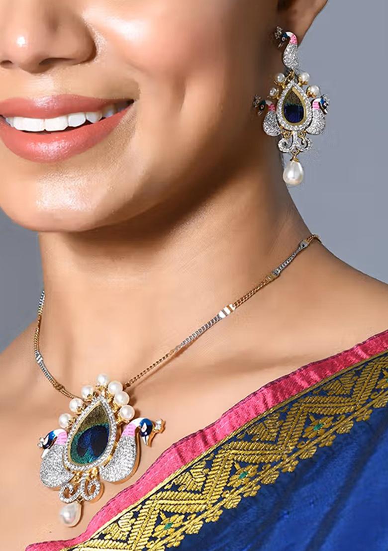 Multicolor Peacock American Diamond Pendant With Chain And Earring Pendant Set With Earrings - Indya