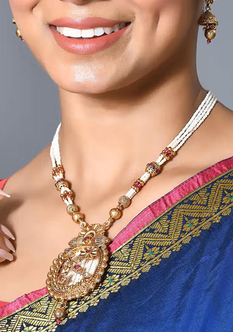 Multicolor Gold Tone Pendal With Chain And Earring Set Pendant Set With Earrings - Indya