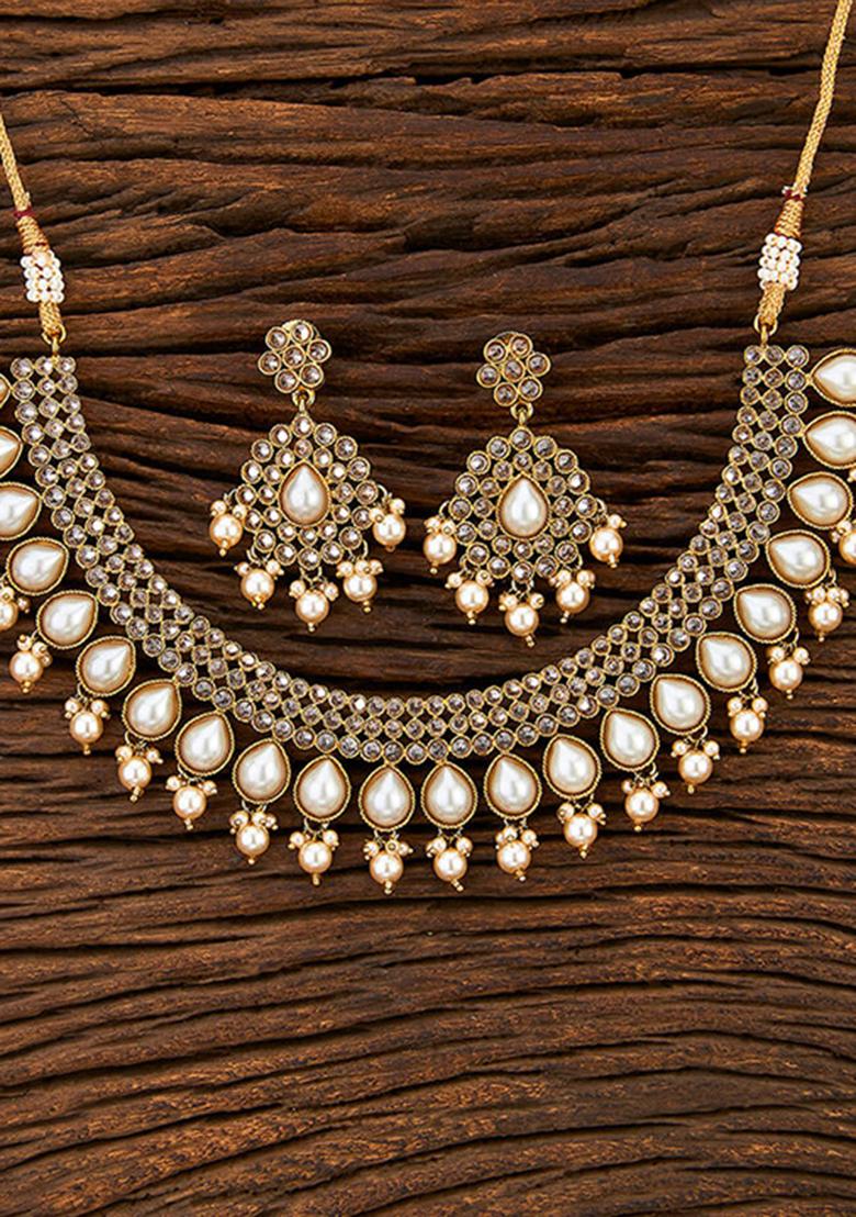 Golden White Gold Tone Polki Necklace Earring And Tika Set Necklace Set With Earrings - Indya