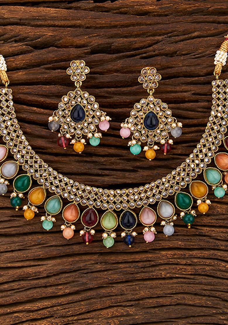 Multicolor Gold Tone Polki Necklace Earring And Tika Set Necklace Set With Earrings - Indya