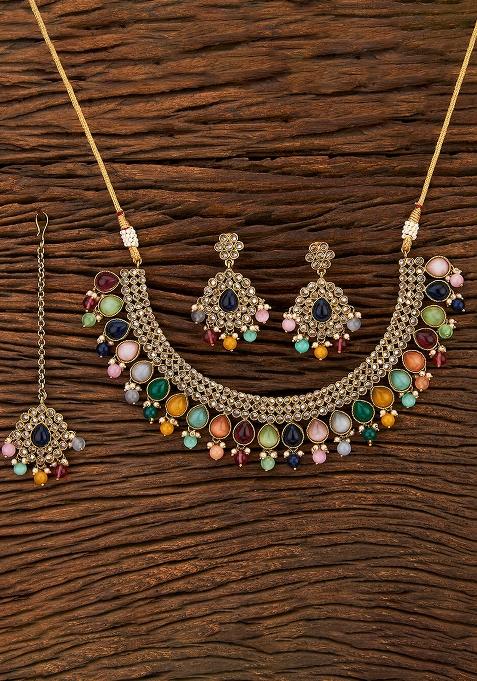 Multicolor Gold Tone Polki Necklace Earring And Tika Set Necklace Set With Earrings
