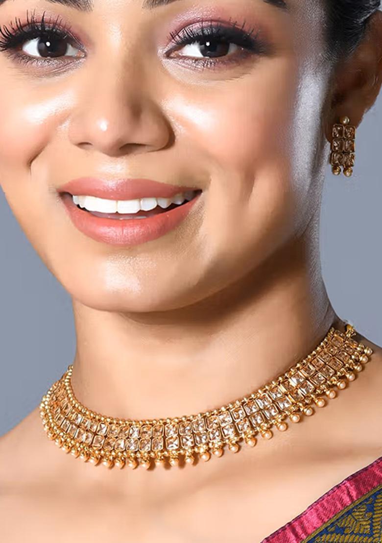 Golden White Gold Tone Polki Necklace Earring And Tika Set Necklace Set With Earrings - Indya