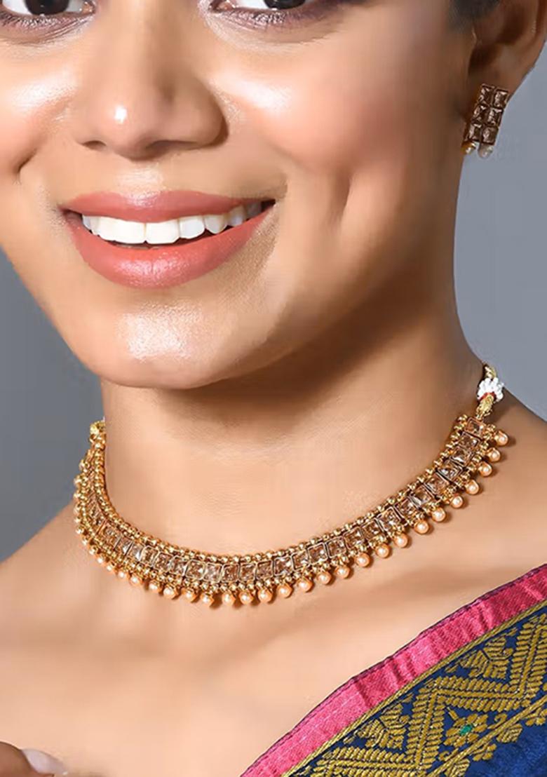 Golden White Gold Tone Polki Necklace Earring And Tika Set Necklace Set With Earrings - Indya