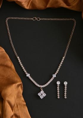 Golden White American Diamond Necklace And Earring Necklace Set With Earrings