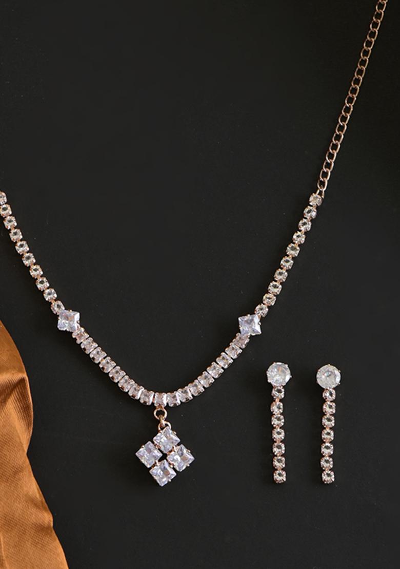 Golden White American Diamond Necklace And Earring Necklace Set With Earrings - Indya
