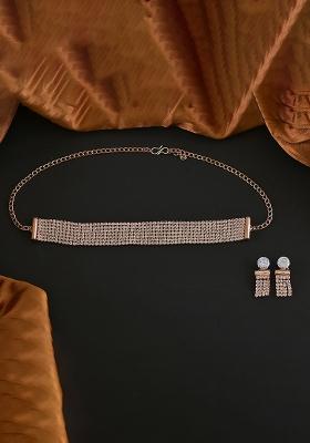 Golden White American Diamond Necklace And Earring Necklace Set With Earrings