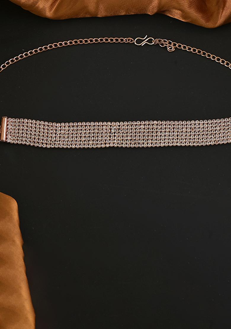 Golden White American Diamond Necklace And Earring Necklace Set With Earrings - Indya