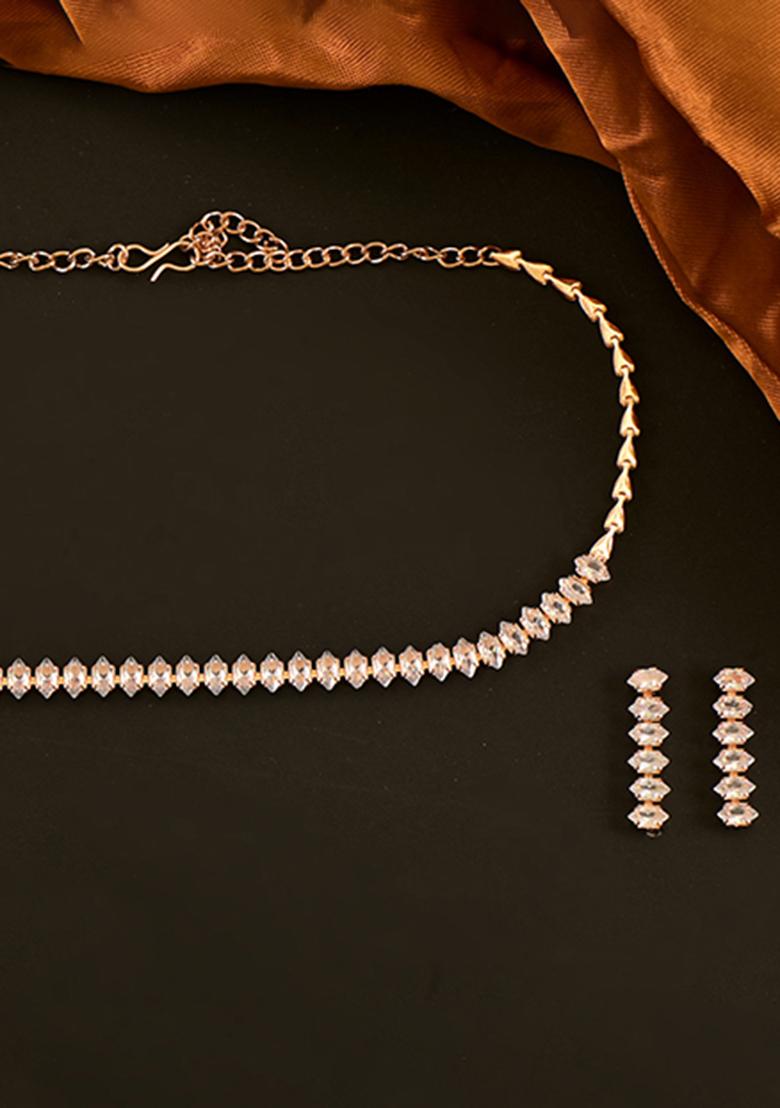 Golden White American Diamond Necklace And Earring Necklace Set With Earrings - Indya