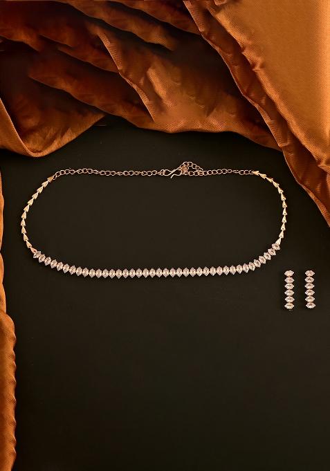 Golden White American Diamond Necklace And Earring Necklace Set With Earrings