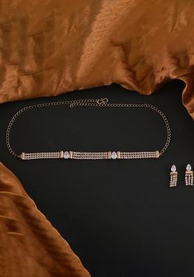 Golden White American Diamond Necklace And Earring Necklace Set With Earrings