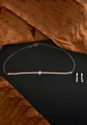 Golden White American Diamond Necklace And Earring Necklace Set With Earrings