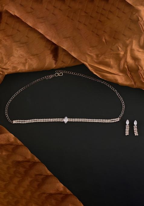 Golden White American Diamond Necklace And Earring Necklace Set With Earrings