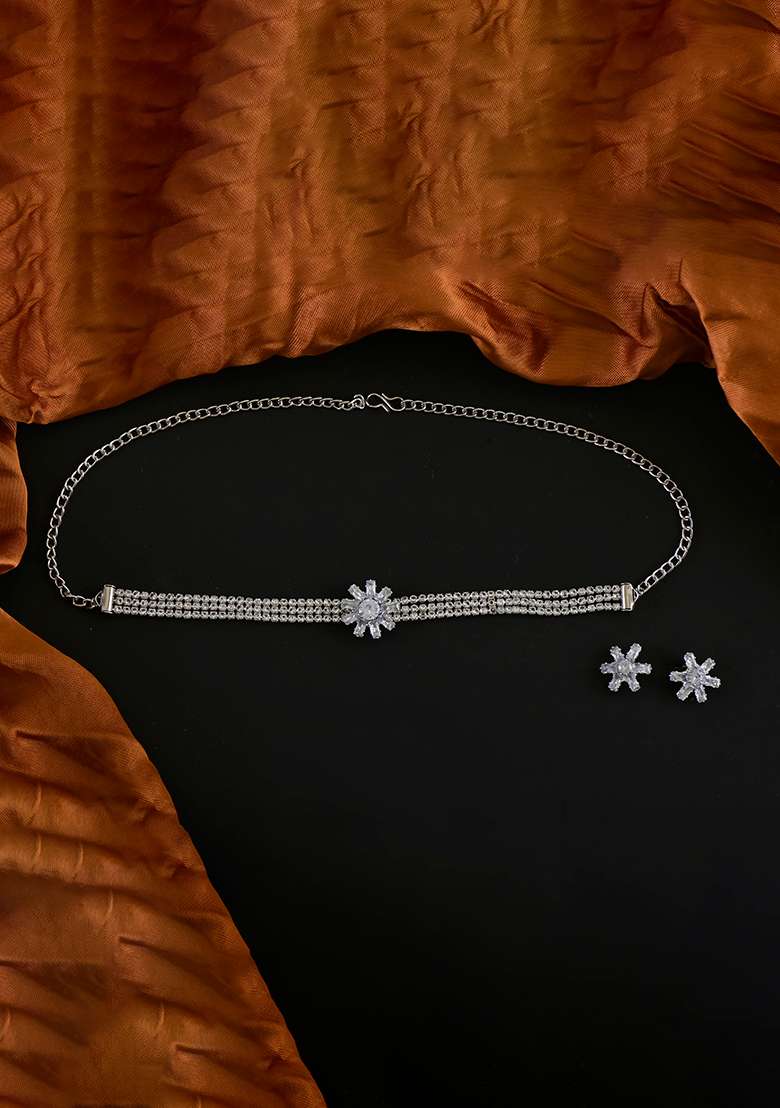 Silver White American Diamond Necklace And Earring Necklace Set With Earrings - Indya