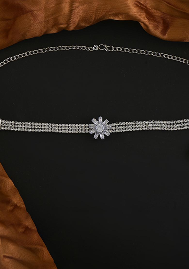 Silver White American Diamond Necklace And Earring Necklace Set With Earrings - Indya