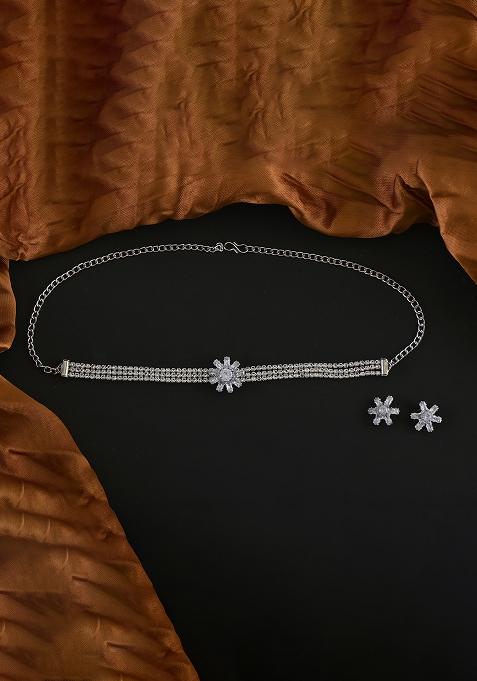 Silver White American Diamond Necklace And Earring Necklace Set With Earrings