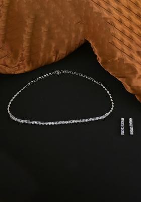Silver White American Diamond Necklace And Earring Necklace Set With Earrings