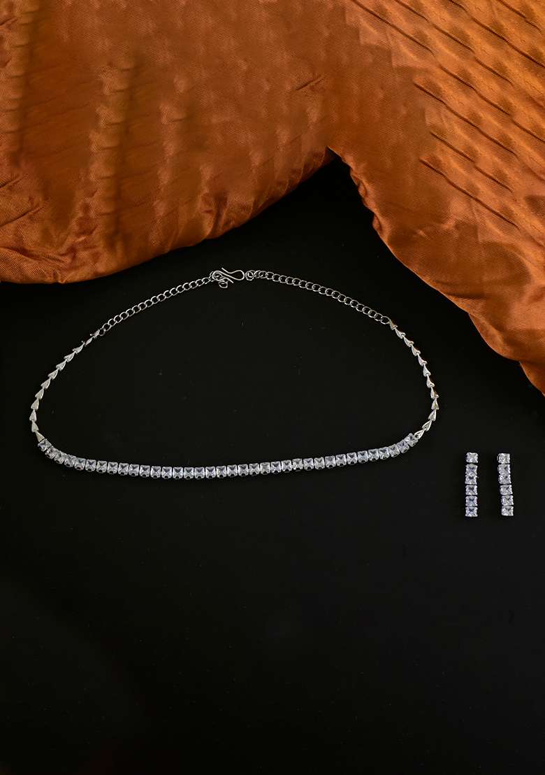 Silver White American Diamond Necklace And Earring Necklace Set With Earrings - Indya