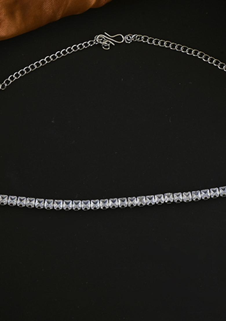 Silver White American Diamond Necklace And Earring Necklace Set With Earrings - Indya