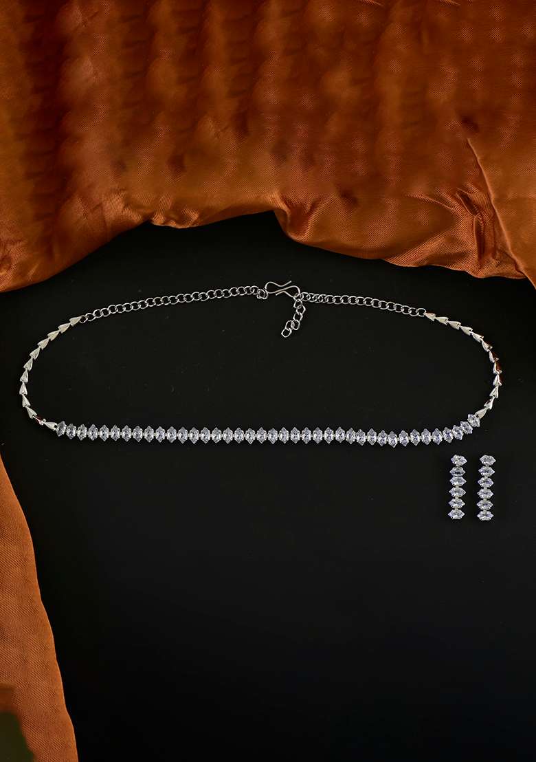 Silver White American Diamond Necklace And Earring Necklace Set With Earrings - Indya