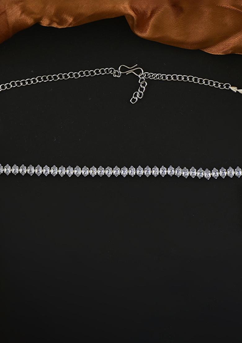 Silver White American Diamond Necklace And Earring Necklace Set With Earrings - Indya