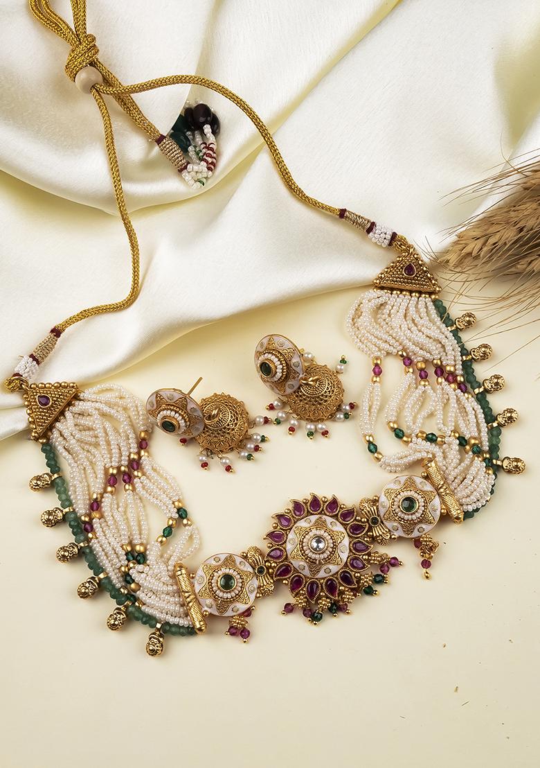 Multicolor Gold Plated Copper Necklace Set - Indya