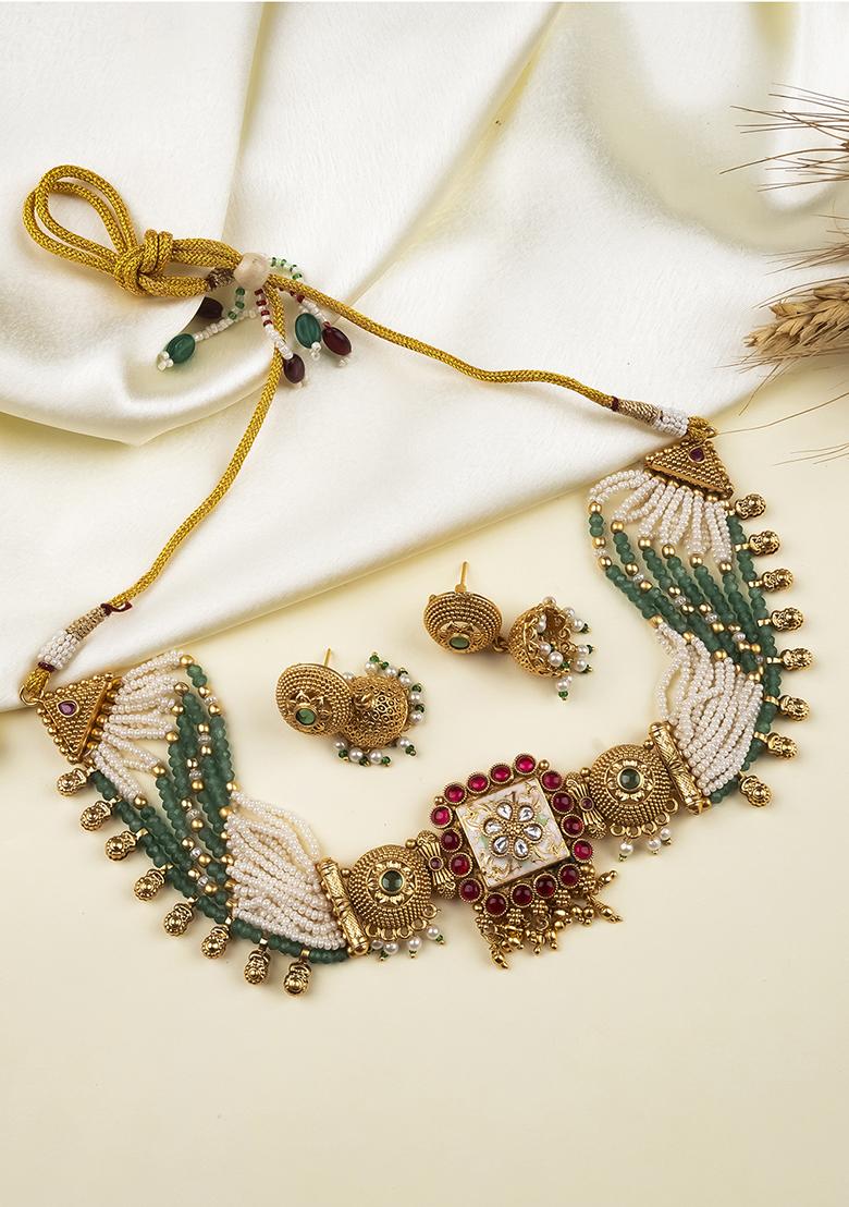 Green Gold Plated Copper Chowker Set - Indya