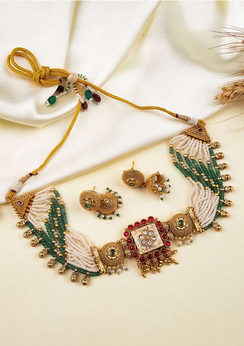 Green Gold Plated Copper Chowker Set - Indya