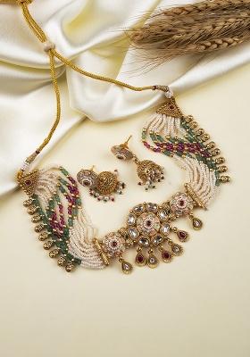 Multicolor Gold Plated Copper Chowker Set