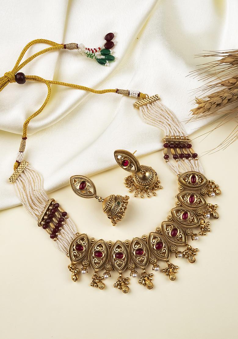 Green Gold Plated Copper Necklace Set - Indya