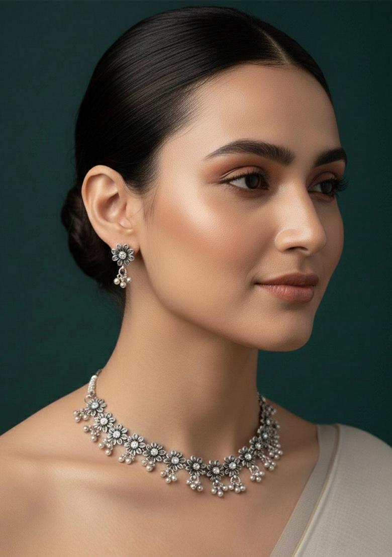 Oxidized Silver Stainless Necklace Set - Indya