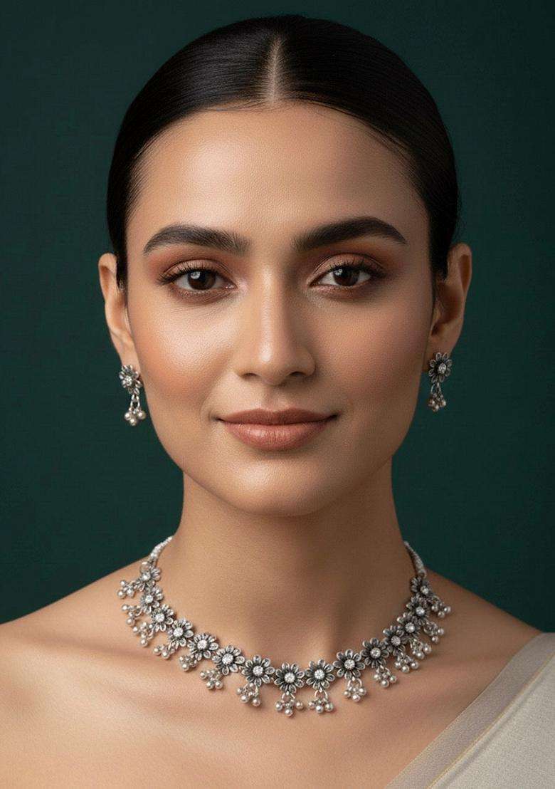 Oxidized Silver Stainless Necklace Set - Indya