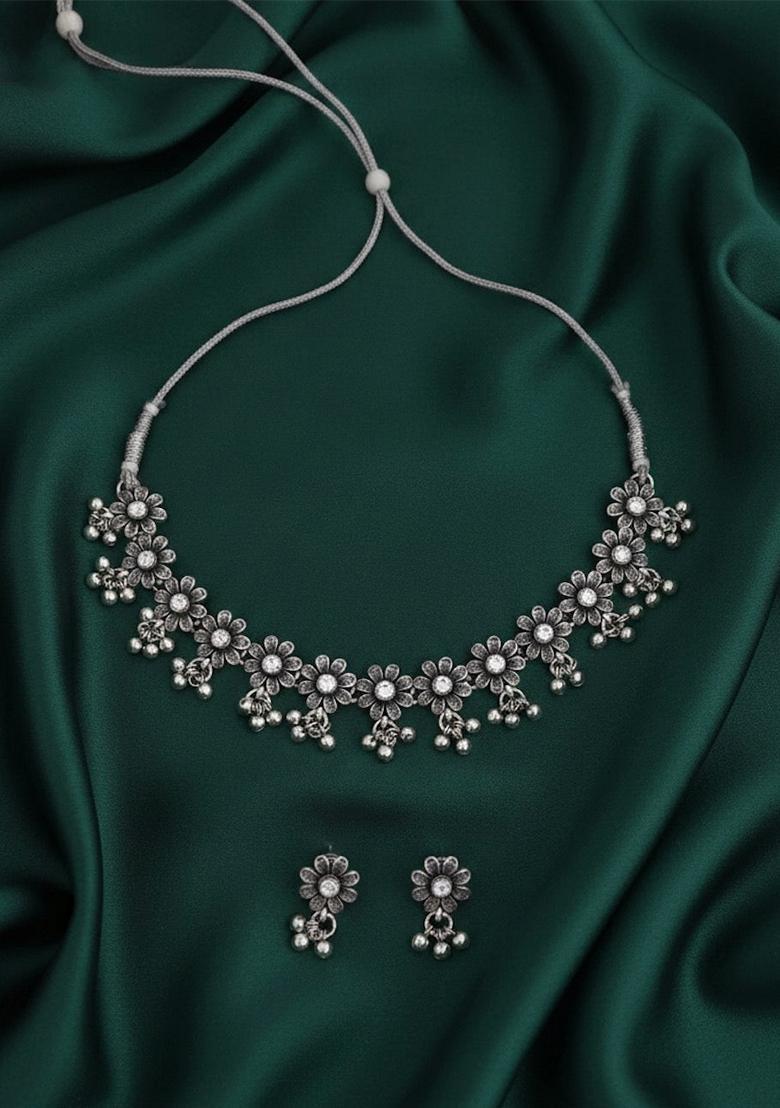 Oxidized Silver Stainless Necklace Set - Indya