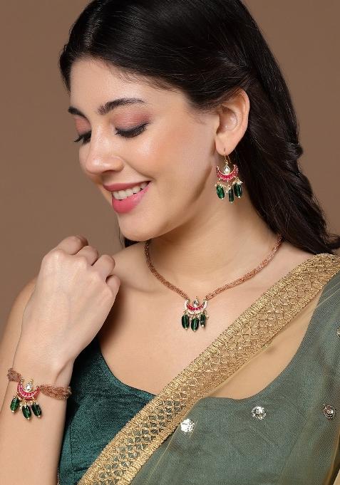Pink Alloy Necklace With Earrings
