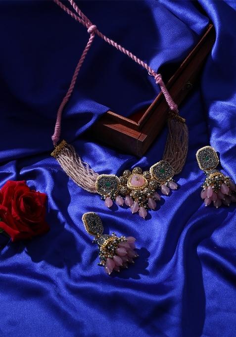 Pink Alloy Necklace With Earring