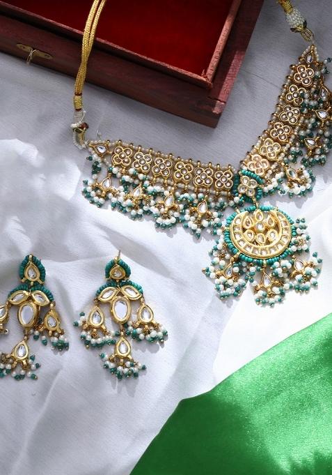 Green Alloy Necklace With Earring