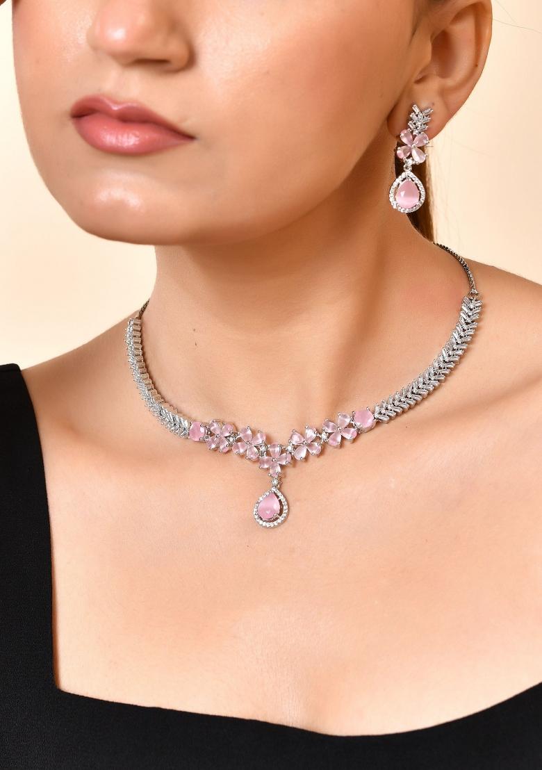 Silver Plated Baby Pink Floral Ad Jewellery Set - Indya