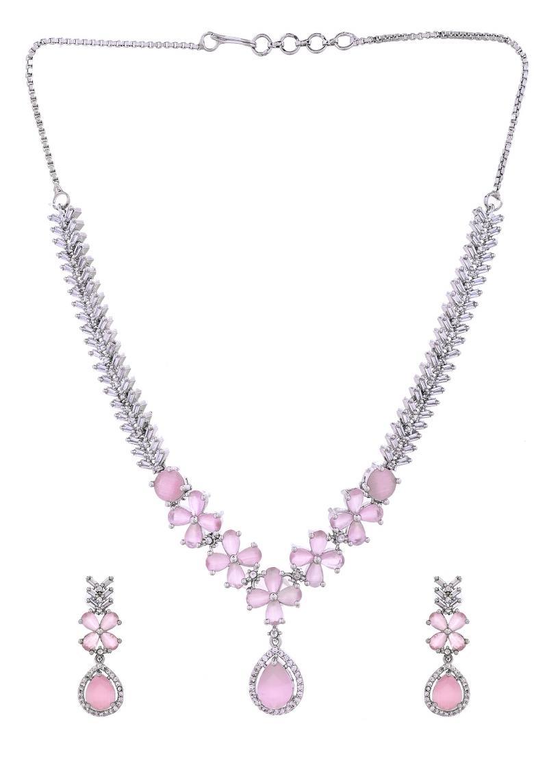 Silver Plated Baby Pink Floral Ad Jewellery Set - Indya