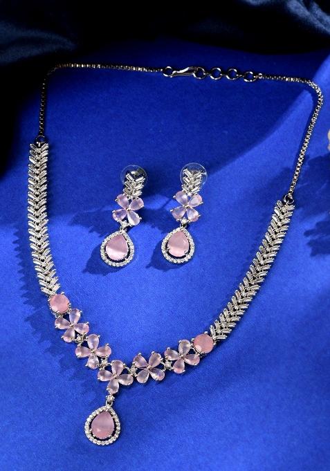 Silver Plated Baby Pink Floral Ad Jewellery Set