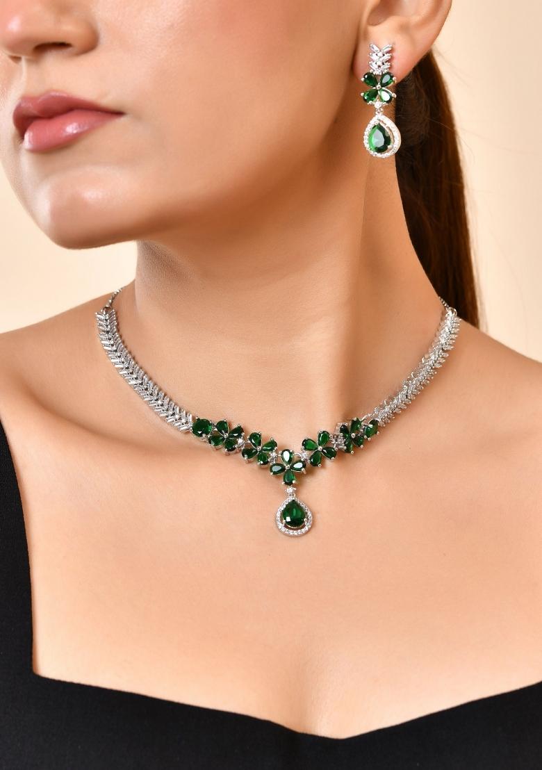 Silver Plated Green Floral Ad Jewellery Set - Indya