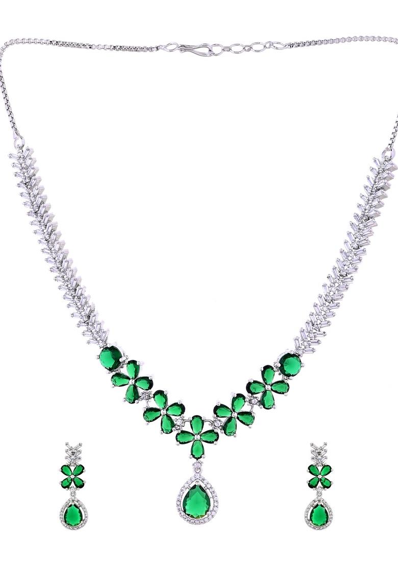 Silver Plated Green Floral Ad Jewellery Set - Indya