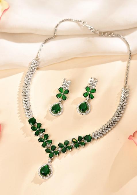 Silver Plated Green Floral Ad Jewellery Set