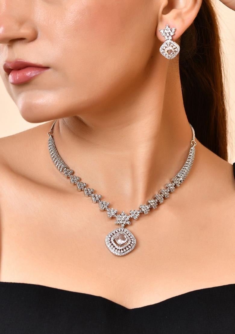 Silver Plated Square Stone Studded Jewellery Set - Indya